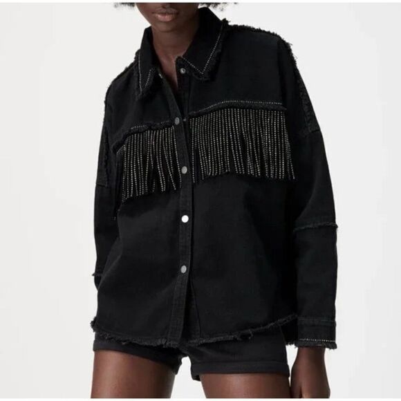 Zara Women Black Silver Studded Fringe Long Sleeve Shirt Size 11-12 - Picture 1 of 12